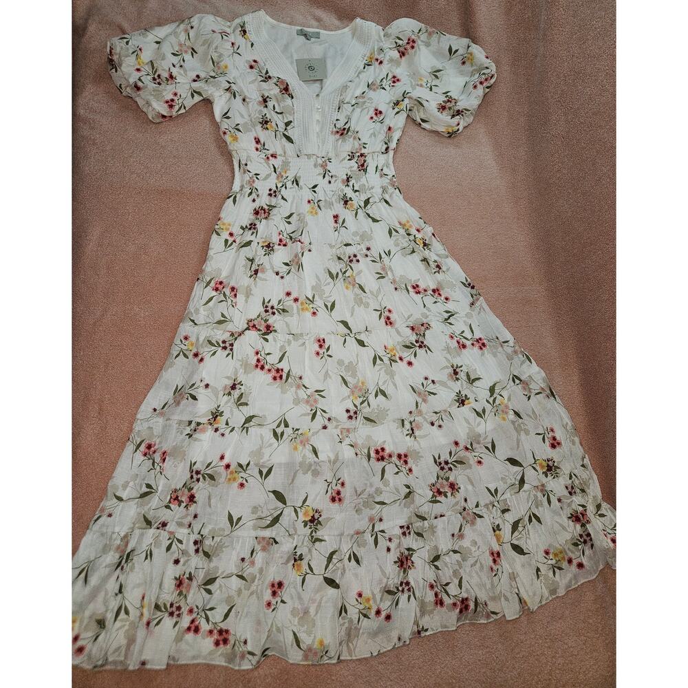 J Gee Evereve Floral Puff Sleeve Tiered Midi Boho Dress Women's Size Large